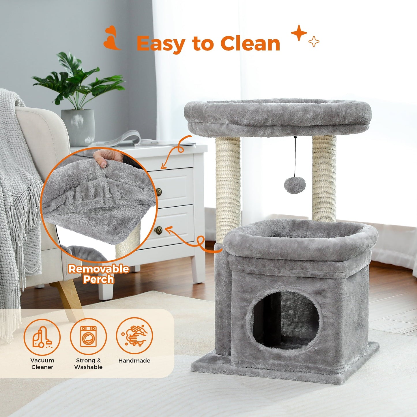 Cozy Gray Cat Tree Condo - 27" Multi-Level Tower with Spacious Perch and Scratching Posts for Kittens and Medium Cats