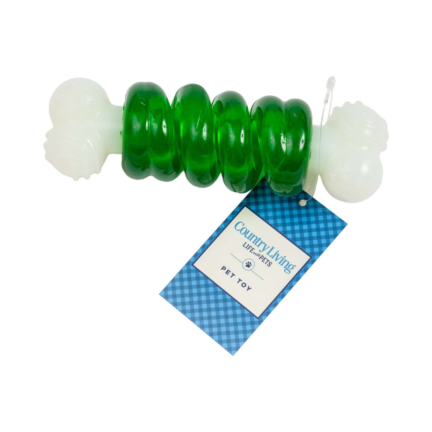 Country Living Bone-a-Treat Dog Chew Toy with orange bulged balls and green spiral ring for dental health and gum massage