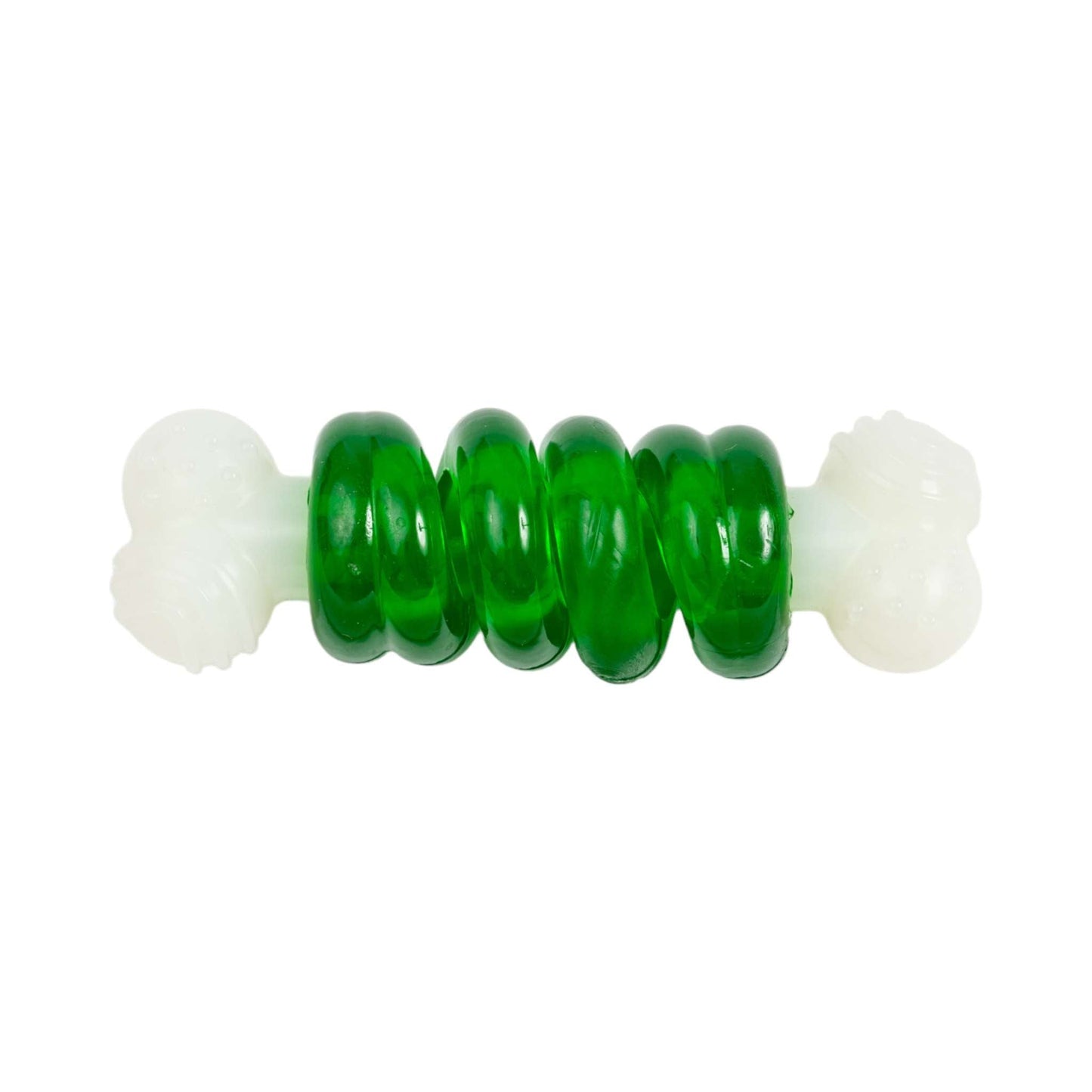 Country Living Bone-a-Treat Dog Chew Toy with orange bulged balls and green spiral ring for dental health and chewing fun