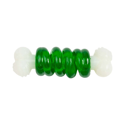 Country Living Bone-a-Treat Dog Chew Toy with orange bulged balls and green spiral ring for dental health and chewing fun