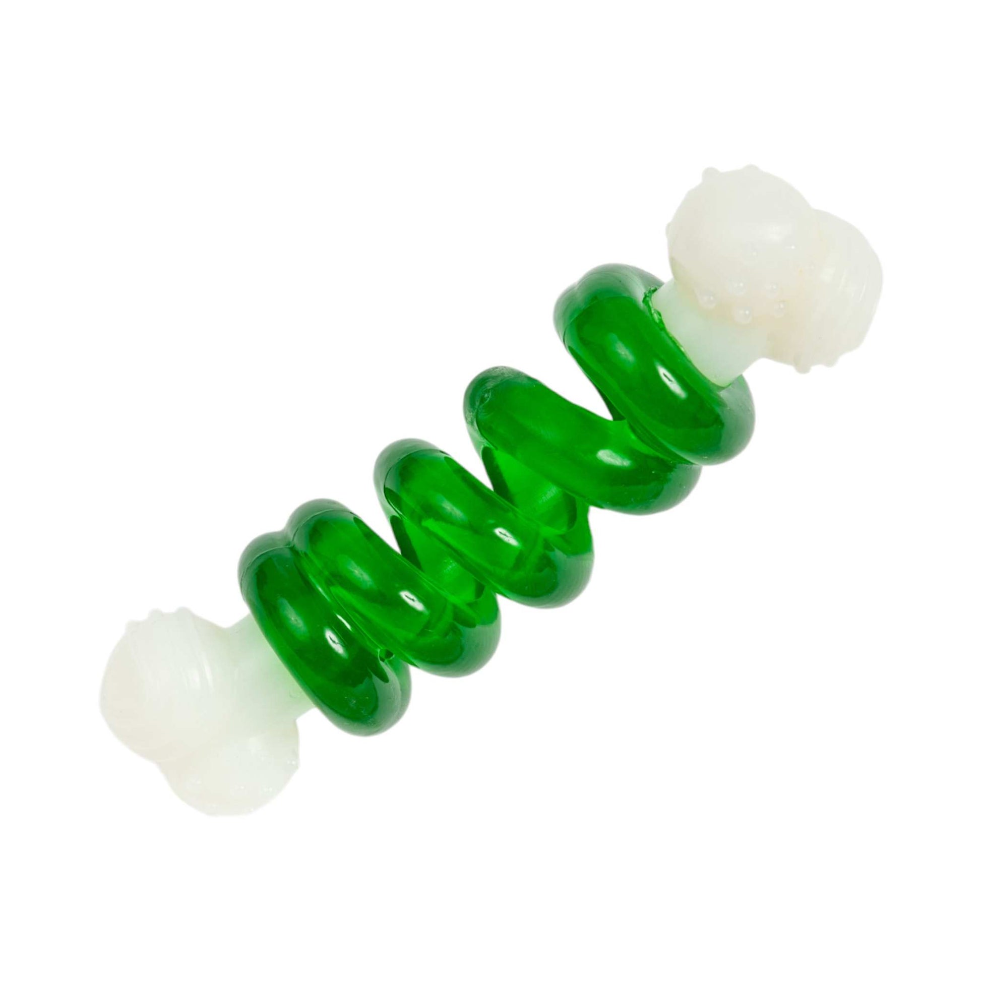 Country Living Bone-a-Treat Dog Chew Toy with orange bulged balls and green spiral ring for dental health and chewing fun