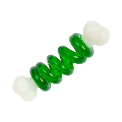 Country Living Bone-a-Treat Dog Chew Toy with orange bulged balls and green spiral ring for dental health and chewing fun