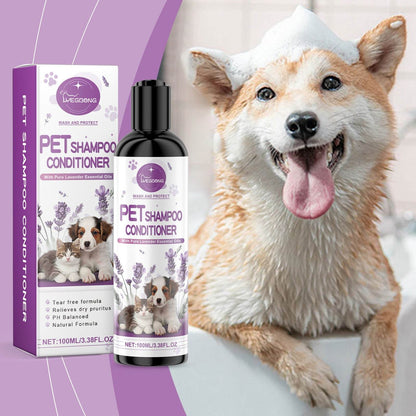 Pet Lavender Shampoo conditioner with lavender oil and coconut for cats and dogs, gentle and fragrant, shown with happy wet dog.