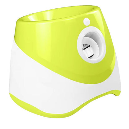 Rechargeable automatic tennis ball launcher with three 5cm balls for pet interactive play and adjustable launch distances.