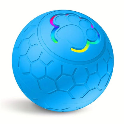 Blue interactive pet toy ball with hexagonal texture and multicolor LED paw print, rechargeable and bite resistant