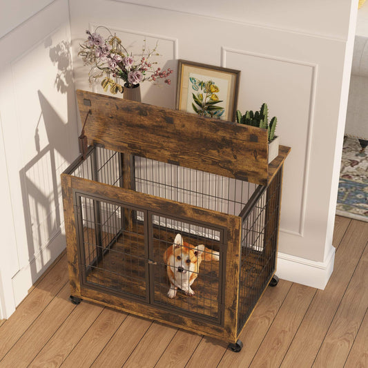 Rustic brown furniture style dog crate side table on wheels with double doors and lift top