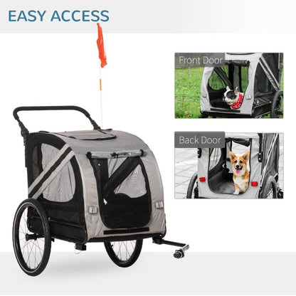 2-In-1 pet bike trailer and stroller with mesh ventilation, weather-resistant cover, safety leash, inflatable rear wheels, and visibility flag for small pets