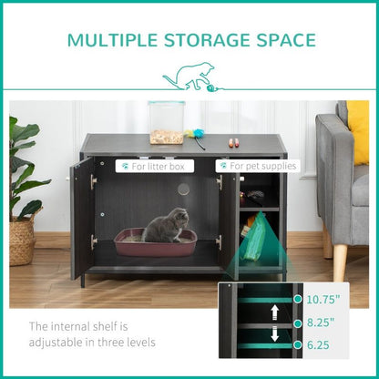 Hidden cat litter box enclosure with adjustable shelves, double-door design, and storage space for pet supplies and litter box