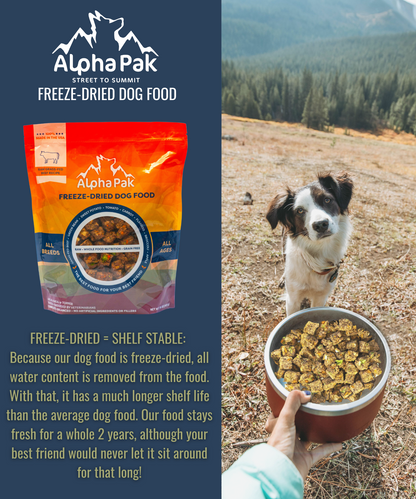 Premium raw freeze dried dog food beef with fruits and vegetables, grain-free, shelf-stable nutrition for all dog breeds and sizes