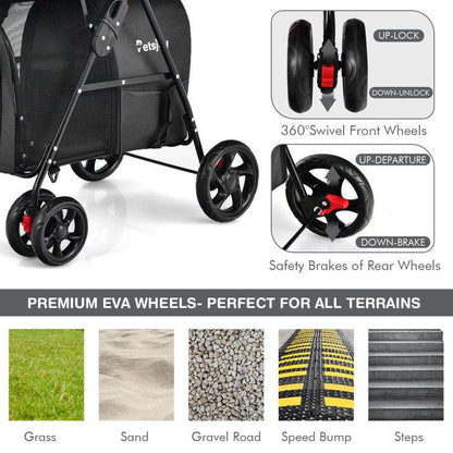 4-in-1 double pet stroller with detachable carriers and foldable frame for two pets