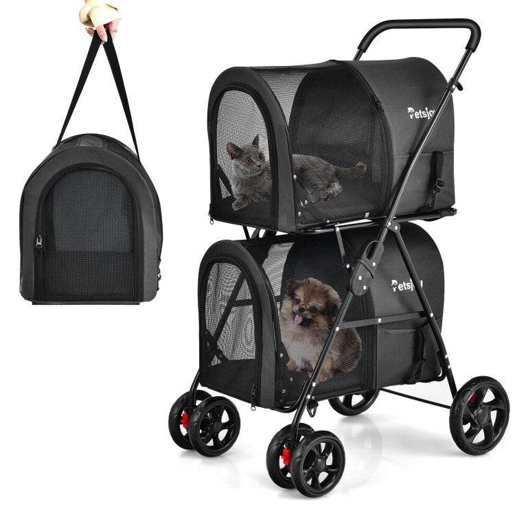 4-in-1 double pet stroller with detachable carriers and foldable frame for easy travel and ventilation