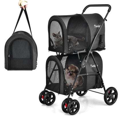 4-in-1 double pet stroller with detachable carriers and foldable frame for easy travel and ventilation
