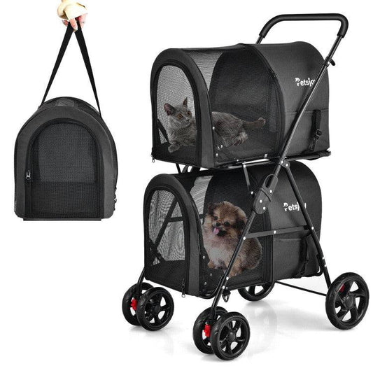 4-in-1 double pet stroller with detachable carriers and foldable frame for easy travel and ventilation