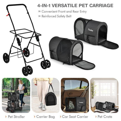 4-in-1 double pet stroller with detachable carriers, foldable frame, and shock-resistant wheels