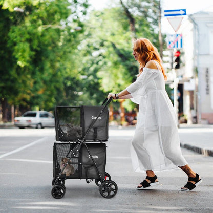 4-in-1 double pet stroller with detachable carriers and travel carriage in beige and blue