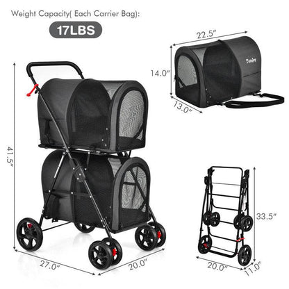 4-in-1 double pet stroller with detachable carriers, foldable frame, ventilated mesh windows, and shock-absorbing EVA wheels for pets.