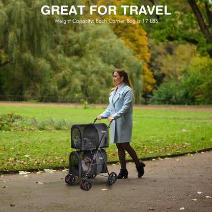 4-in-1 double pet stroller with detachable carriers and ventilated mesh windows