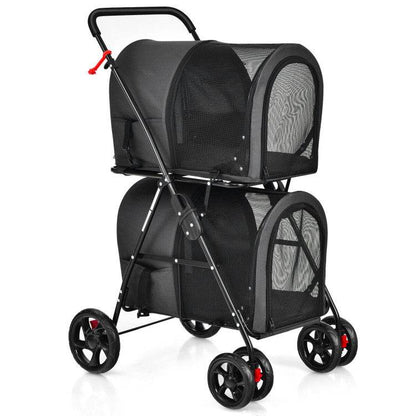4-in-1 double pet stroller with detachable carriers and travel carriage in beige with steel frame and EVA wheels
