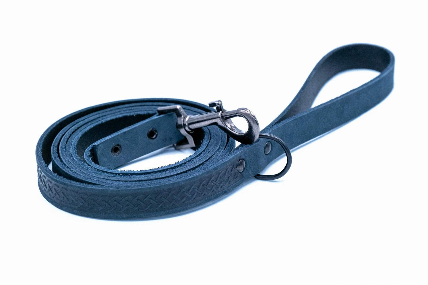 Celtic Sport Blue Jeans leather dog leash with black hardware and Celtic Fire & Water Rune design