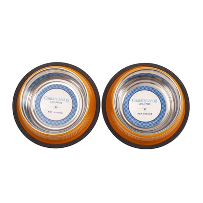 Country Living set of 2 ribbed non-slip golden yellow stainless steel pet bowls with removable rubber base ring