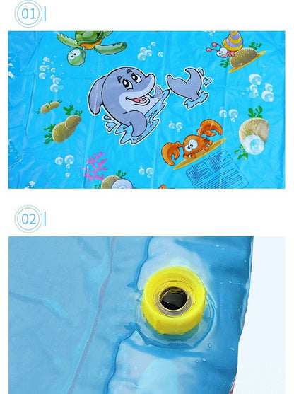Blue pet sprinkler pad with cartoon sea animals and yellow water connector for cooling play