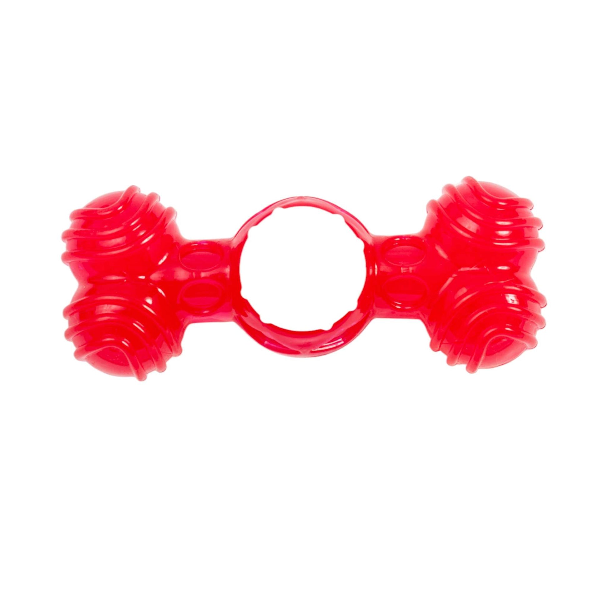 Country Living TPR & Nylon red dog bone chew toy with textured nubs and quacking sound for dental health and play