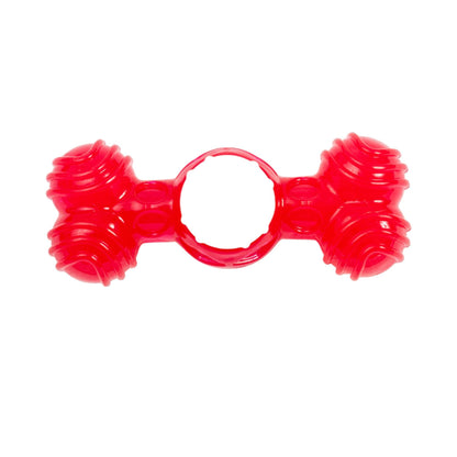 Country Living TPR & Nylon red dog bone chew toy with textured nubs and quacking sound for dental health and play