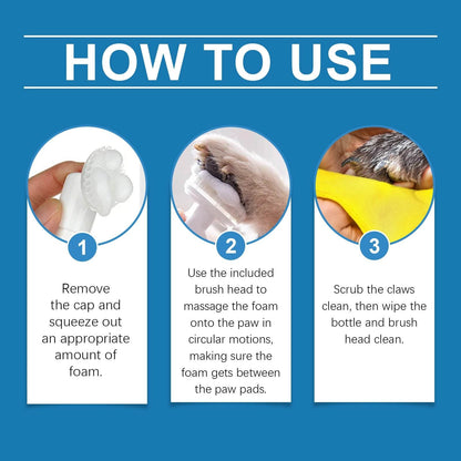 Pet paw cleaner foam for deep cleaning and moisturizing dog and cat paws
