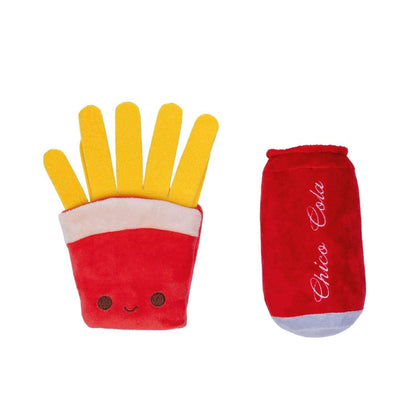 Cola & Fries plush dog toy set with squeaker and crinkle paper for interactive play