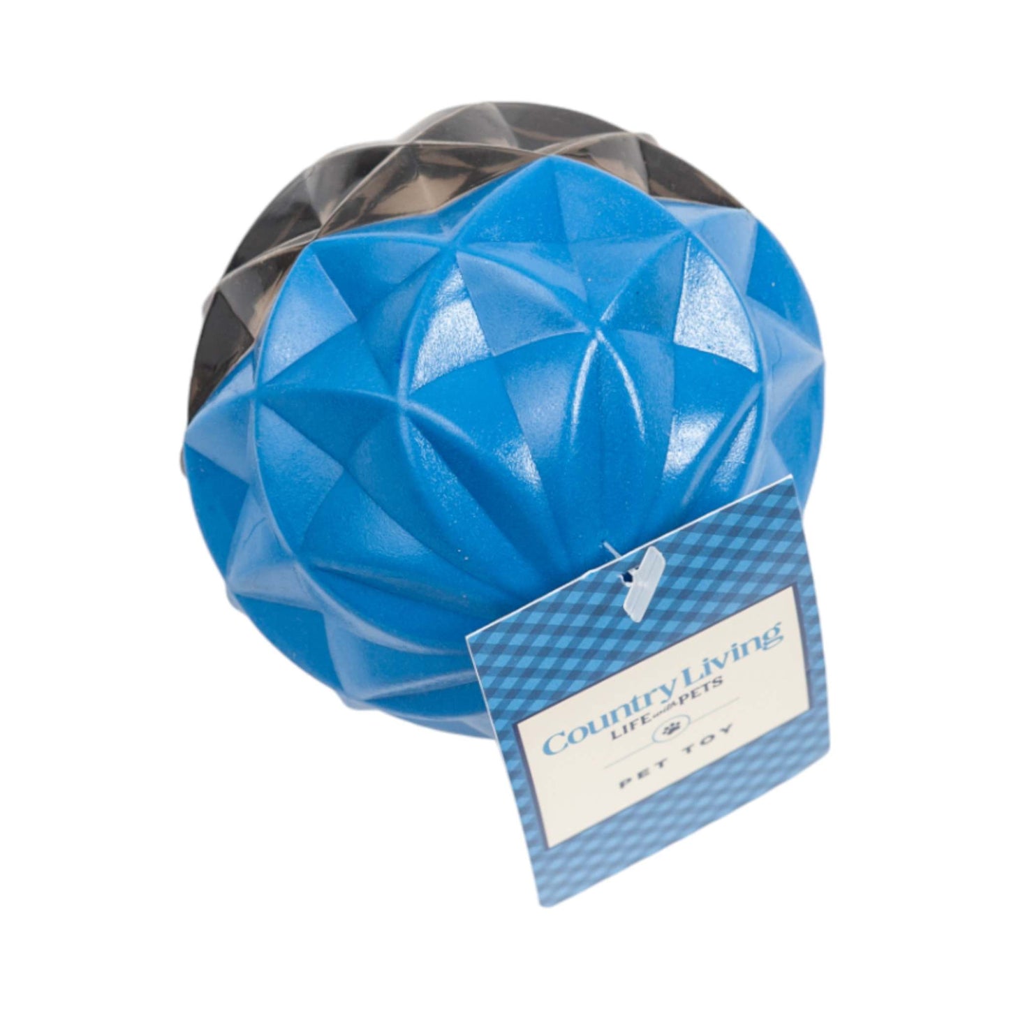 Country Living Geometric Textured Ball Dog Chew Toy in blue and black with durable rubber design for aggressive chewers and dental health.