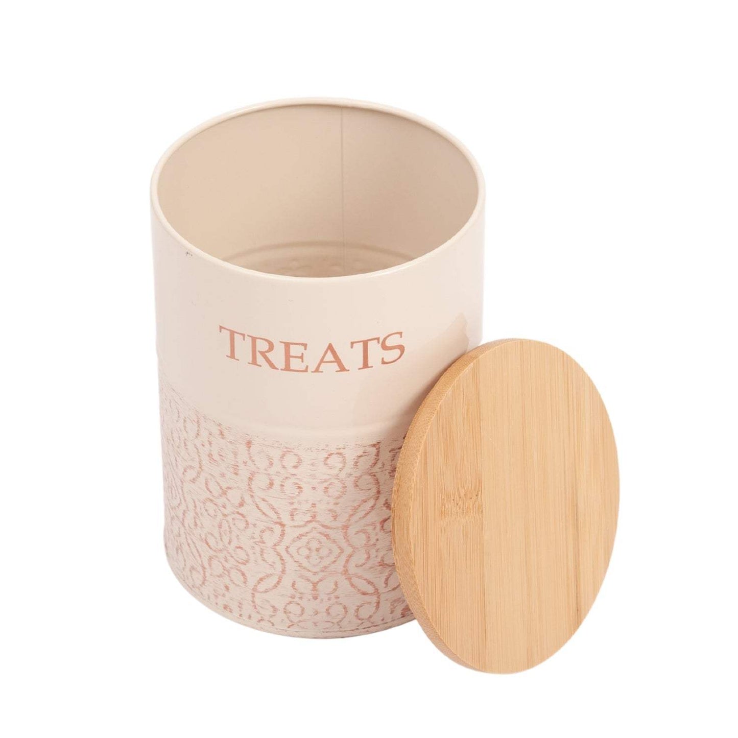 Set of 2 Country Living Dog Treat Canisters in white swan carbon steel with bamboo lids