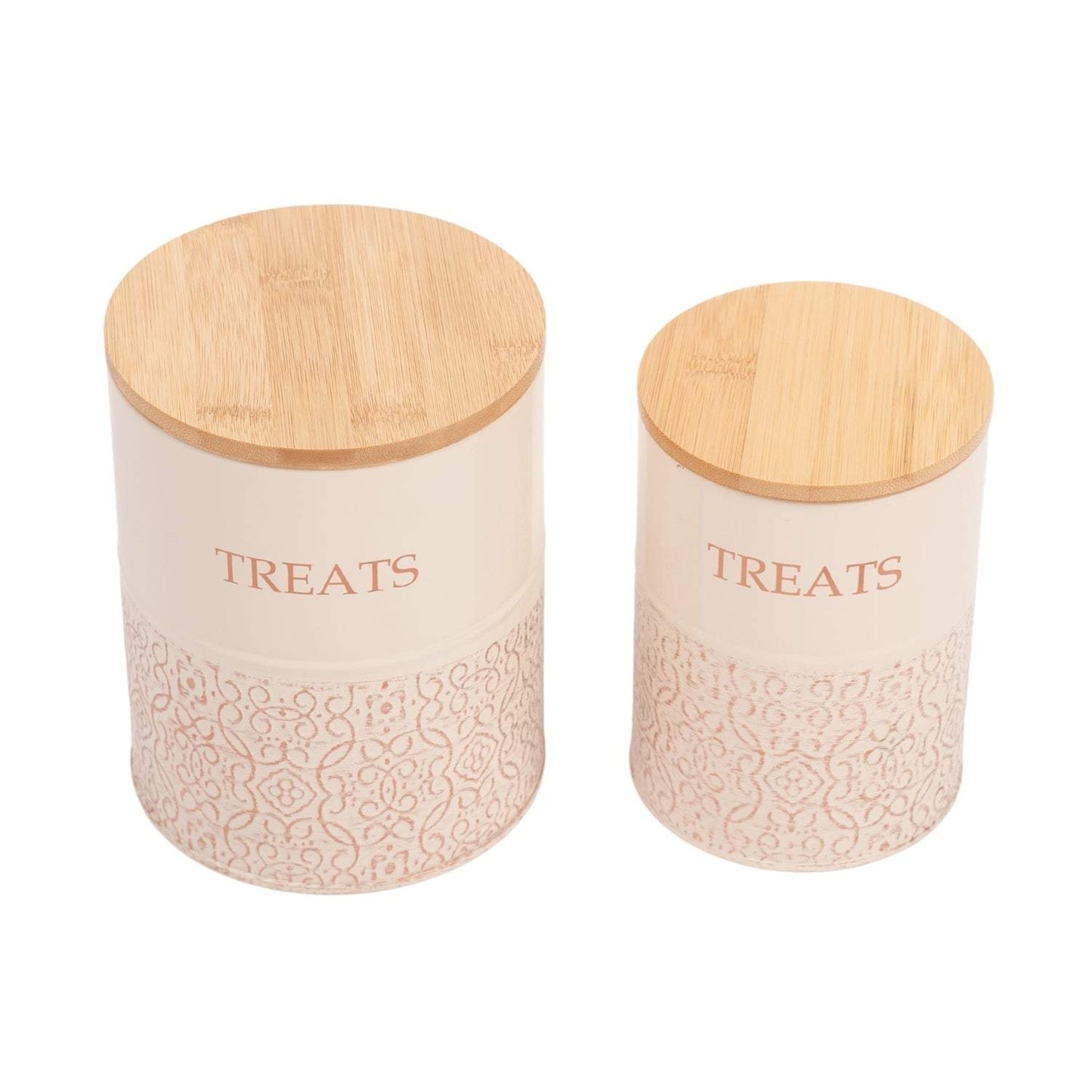 Country Living Dog Treat Canisters set of 2 white swan carbon steel jars with bamboo lids for pet treat storage