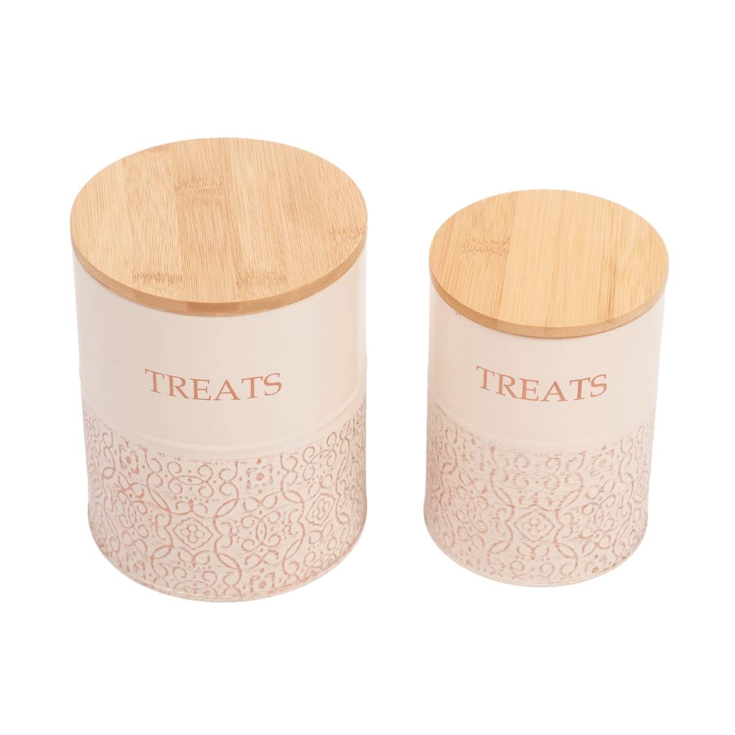 Country Living Dog Treat Canisters set of 2 white swan carbon steel jars with bamboo lids for pet treat storage