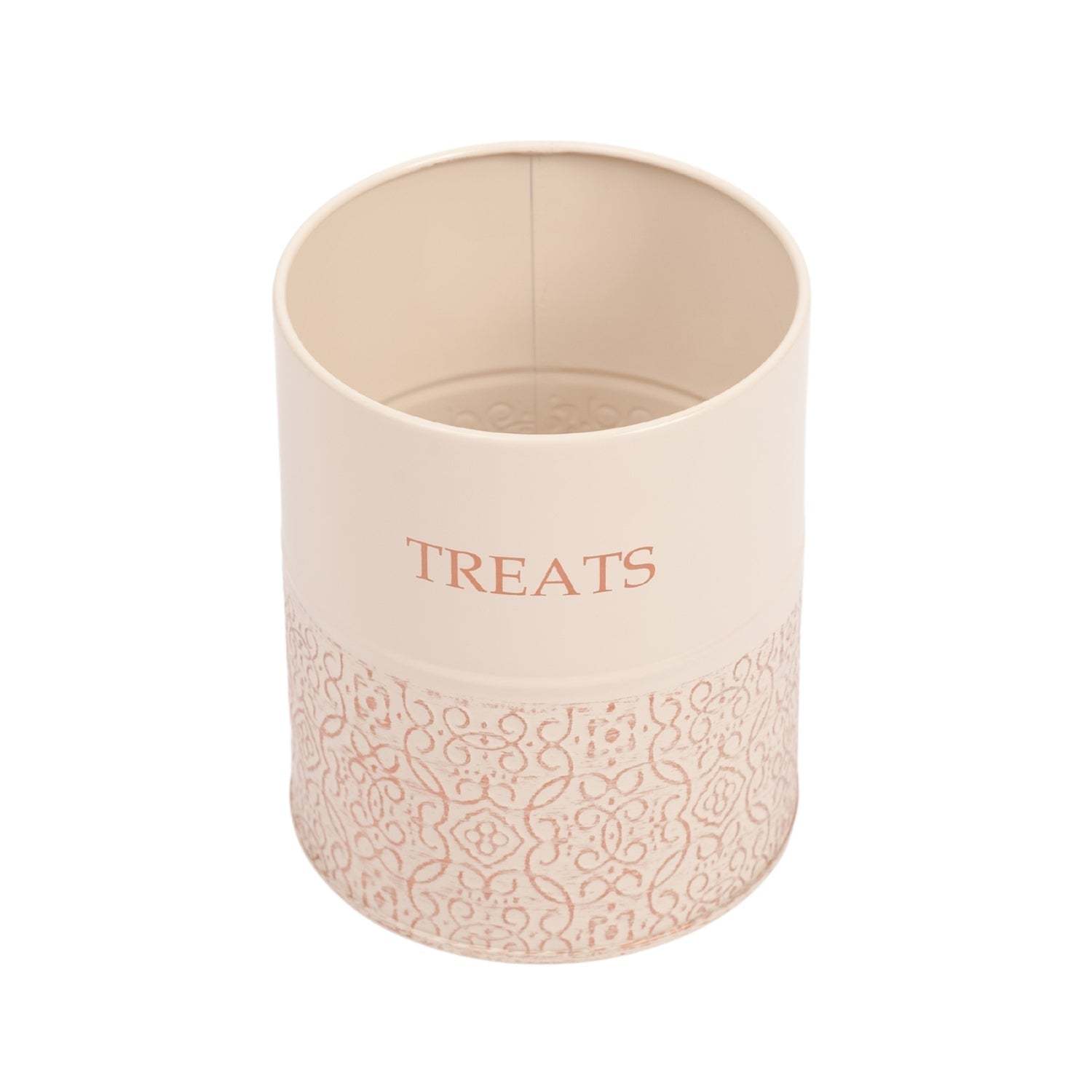 Set of 2 Country Living Dog Treat Canisters in white swan color with bamboo lids and elegant filigree design