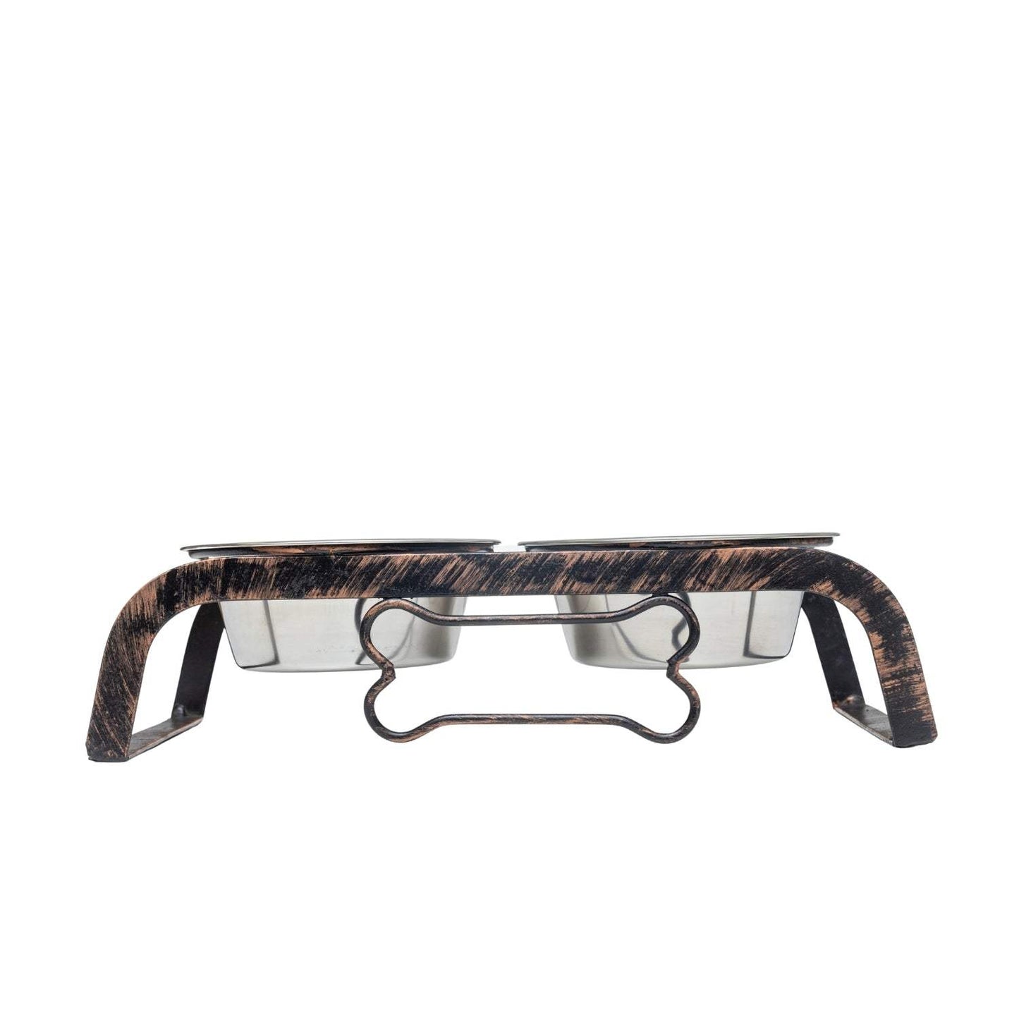 Country Living Rustic Dog Bone elevated pet feeder with two stainless steel bowls and antique copper finish