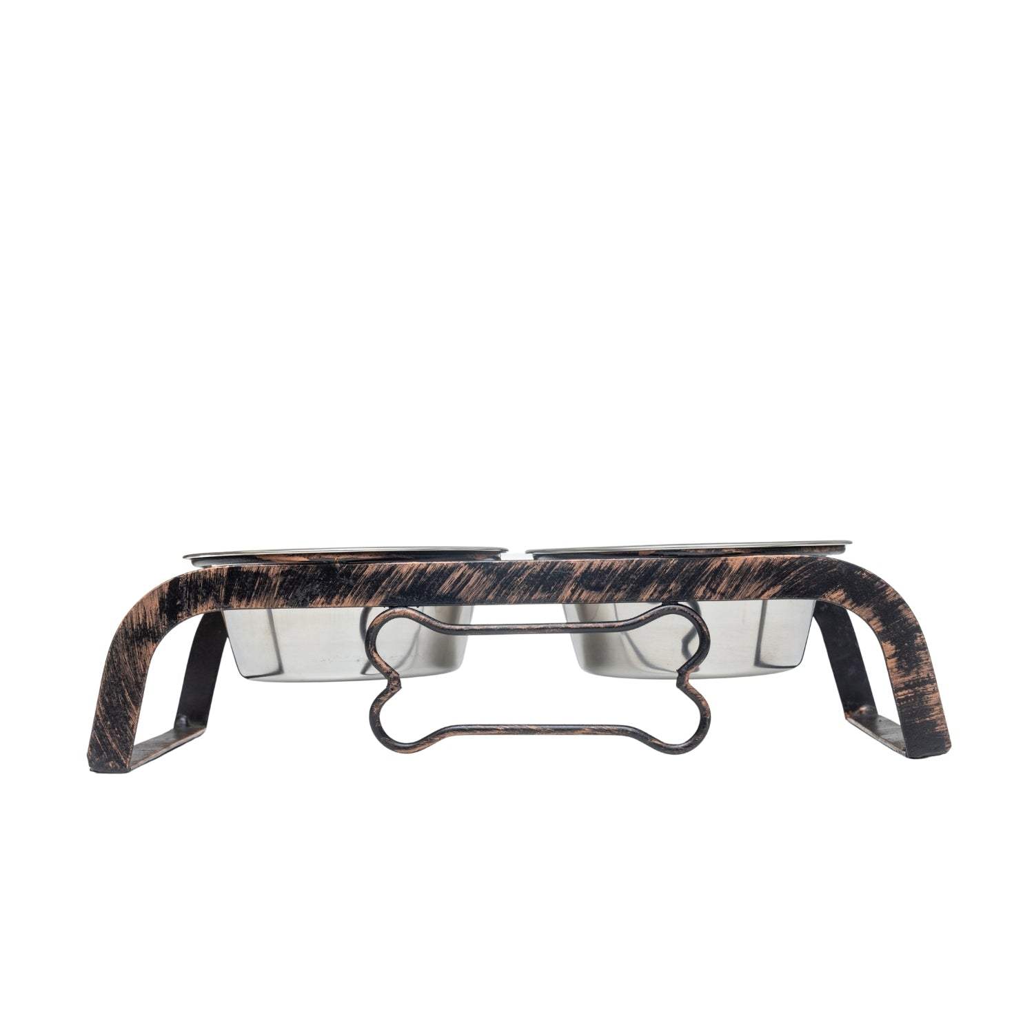 Country Living Rustic Dog Bone elevated pet feeder with two stainless steel bowls and antique copper finish