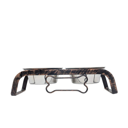 Country Living Rustic Dog Bone elevated pet feeder with two stainless steel bowls and antique copper finish