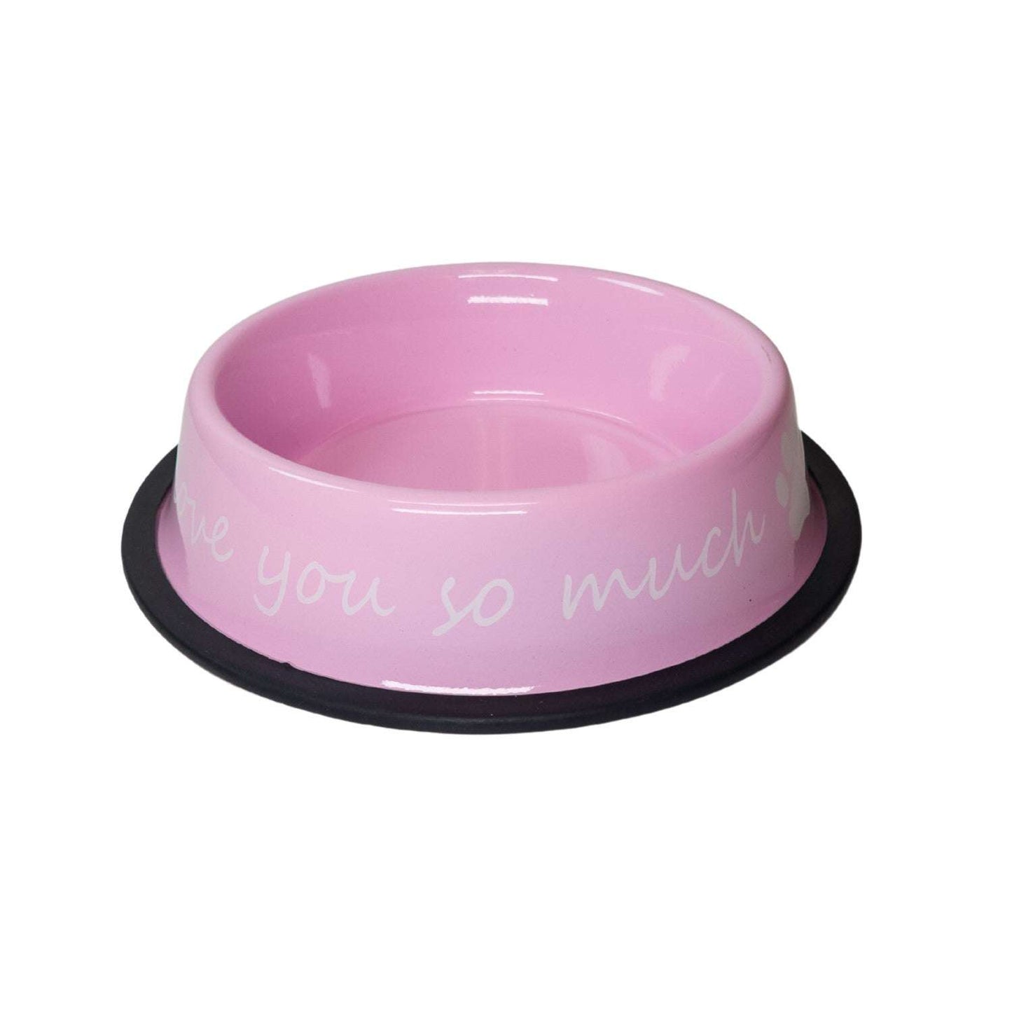 I Love You So Much pink powder-coated stainless steel dog bowl with non-slip base, 24oz capacity