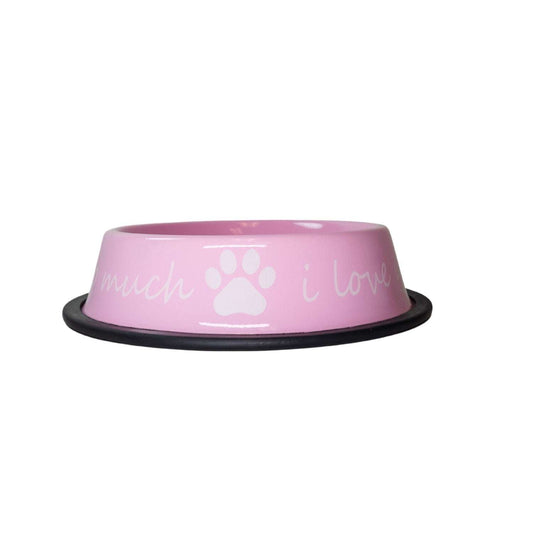 Pink "I Love You So Much" powder-coated stainless steel dog bowl with non-slip base, 24oz capacity