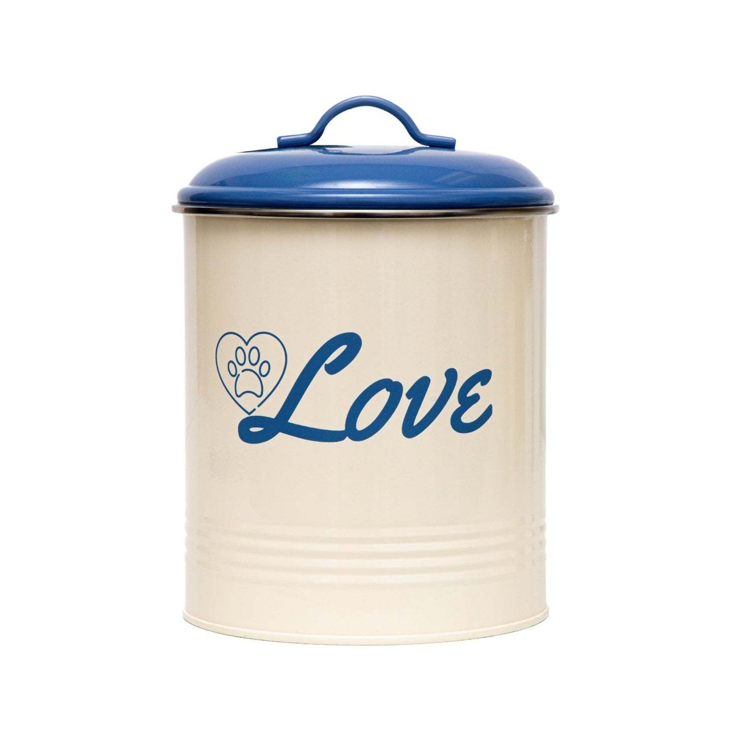 Set of 3 cream pet treat canisters with French blue lids and paw print designs for dog treat storage