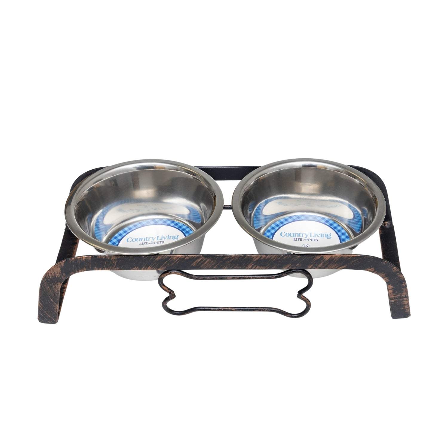 Country Living Rustic Dog Bone elevated feeder with two stainless steel bowls and antique copper-look base