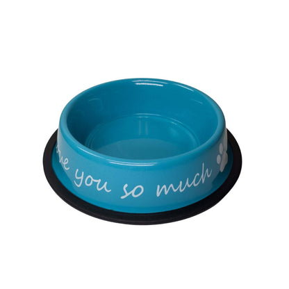Blue "I Love You So Much" powder-coated stainless steel dog bowl with non-slip base, 24oz capacity