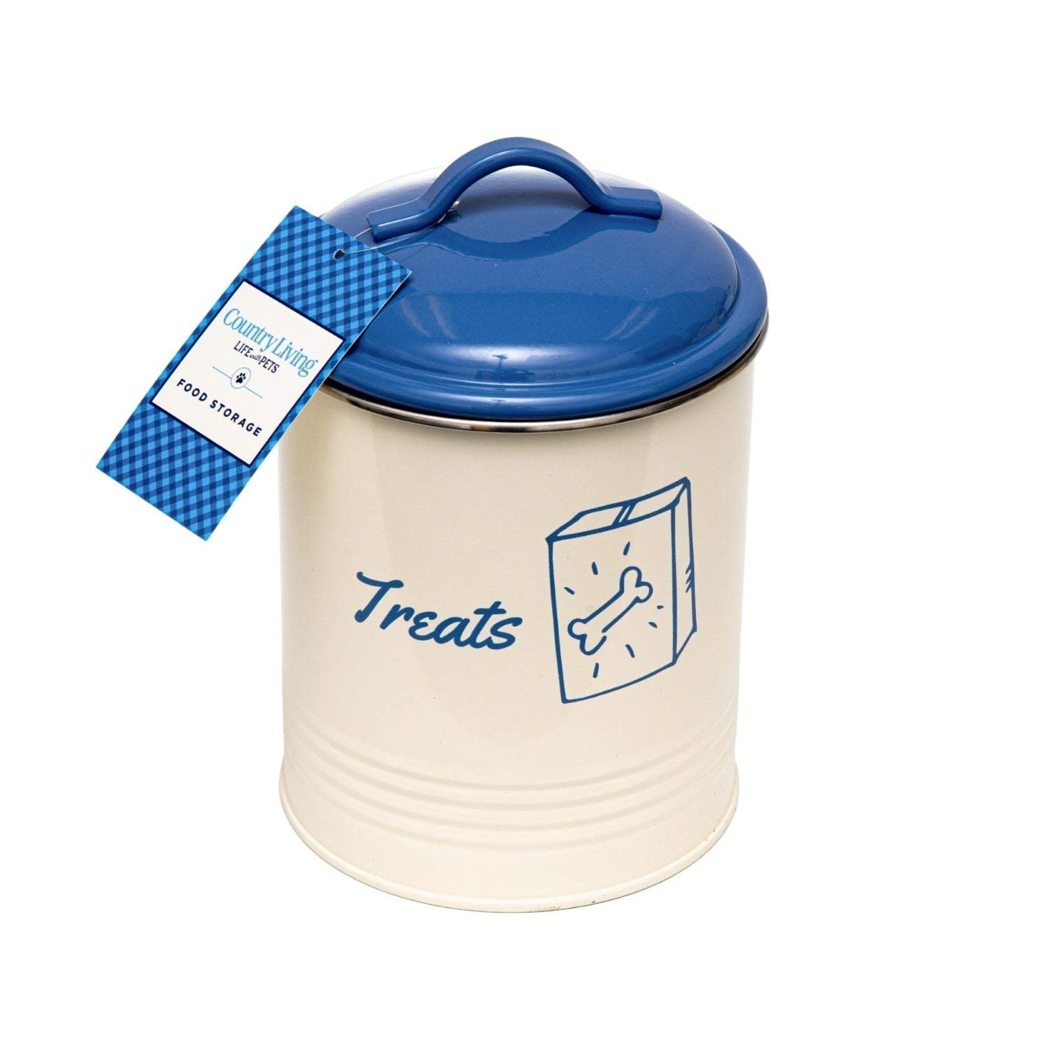 Set of 3 pet treat canisters with French Blue lids and cream color, airtight seal storage containers for dog treats