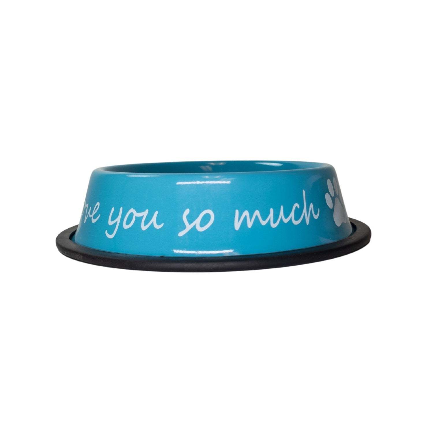 I Love You So Much blue powder-coated stainless steel dog bowl with non-slip base, 24oz capacity