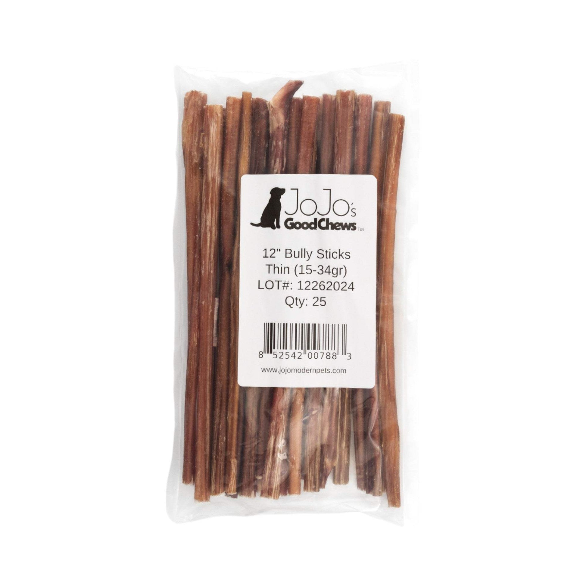 Package of 25 all-natural 12-inch thin beef bully sticks dog treats for dental health and high protein nutrition