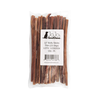 Package of 25 all-natural 12-inch thin beef bully sticks dog treats for dental health and high protein nutrition