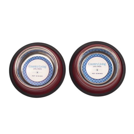 Country Living Set of 2 Ribbed Non-Slip Pet Bowls, Merlot Red, Durable
