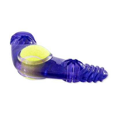 Purple TPR Boomerang Dog Chew Toy with removable squeaker tennis ball and textured surface