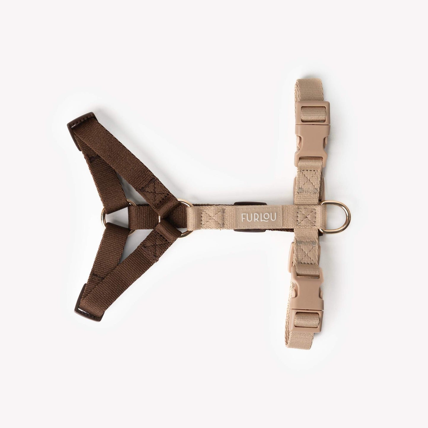 Brown and tan adjustable dog harness with gold hardware and color-matching buckles