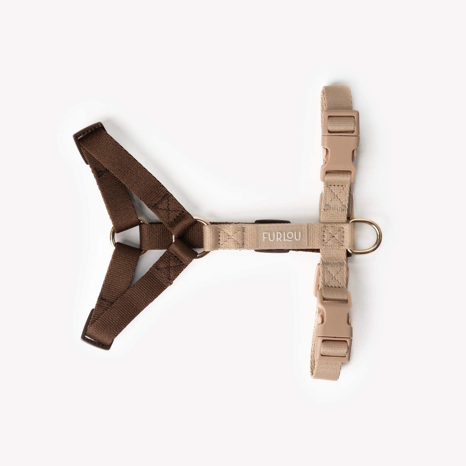 Brown and tan adjustable dog harness with gold hardware and color-matching buckles